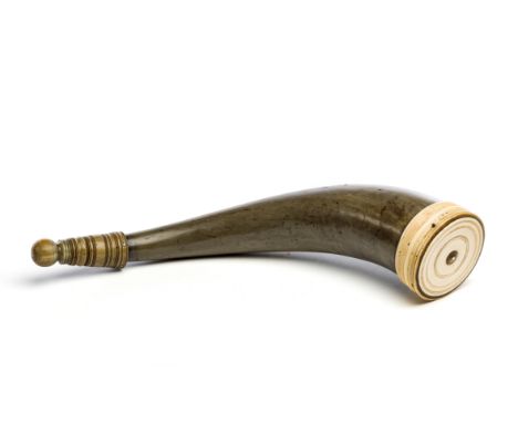 □&nbsp;˜A HORN AND IVORY FLASK, INDIA, CIRCA 1800 the wide end with turned ivory cap, the narrow end with turned horn finial 