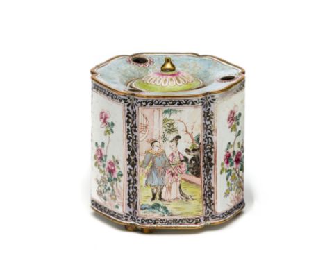 A CHINESE CANTON ENAMEL INKWELL AND COVER, QIANLONG PERIOD (1736-95)   the straight-sided hexagonal body rising from three sh