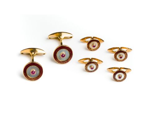 RUBY, MOTHER-OF-PEARL AND ENAMEL DRESS SET  pair of circular gold cufflinks with a central cabochon ruby within a mother of p