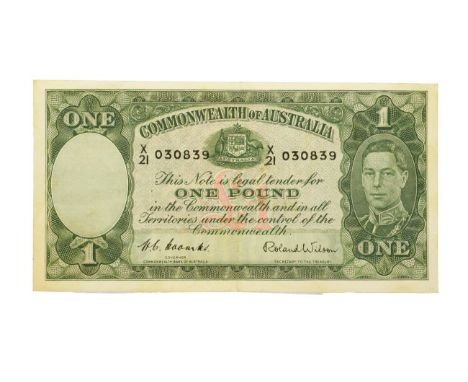 Australia, 1942 One Pound. H. C. Coombs and R. Wilson signatures, serial number: X/21 030839. Dark green on multicolour under