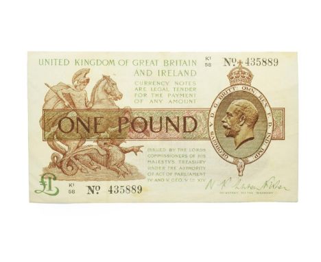 Great Britain, 1922 - 1923 One Pound Treasury Note, N. K. Warren Fisher signature, serial number: K1/58 435889. Brown and Gre