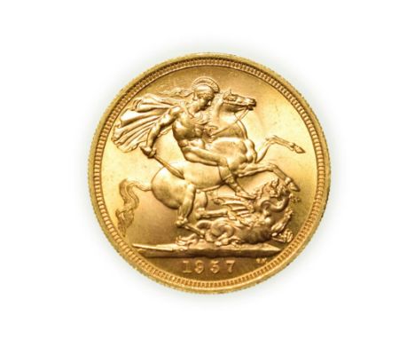 Elizabeth II, 1957 Sovereign. First portrait of Elizabeth II right, by engraver Mary Gillick. Rev: St. George and the dragon,