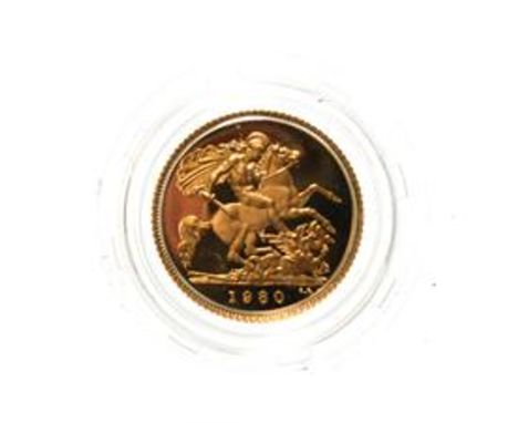 Elizabeth II, 1980 Gold Proof Half-Sovereign. Obv: Second portrait of Elizabeth II right, by designer Arnold Machin. Rev: St.