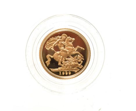 Elizabeth II, 1999 Proof Half-Sovereign. Obv: Fourth portrait of Elizabeth II right, IRB below truncation for engraver Ian Ra