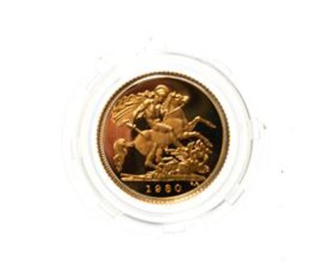 Elizabeth II, 1980 Gold Proof Half-Sovereign. Obv: Second portrait of Elizabeth II right, by designer Arnold Machin. Rev: St.