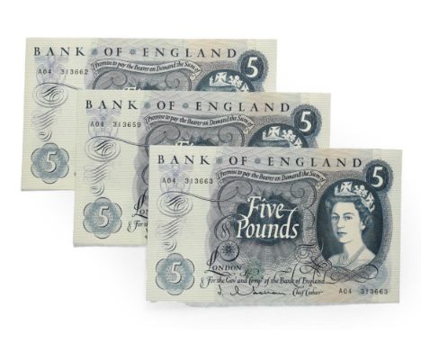 3 x Great Britain Five Pound Notes. 1963 - 1971. Deep blue on multi colour underprint. Obv: Crowned portrait of Elizabeth II 