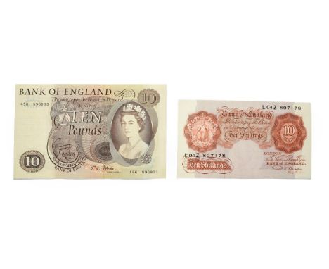2 x Great Britain Uncirculated Notes consisting of: 10 Shilling Note. 1948 - 1960. Brown -deep brown on multicolour underprin