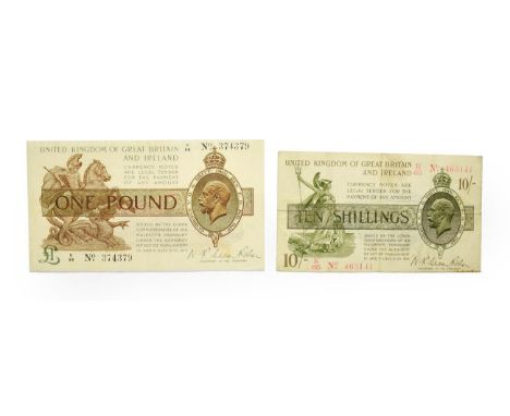 Great Britain, 2 x 1919 Treasury Notes consisting of: 1919 ten shillings, N. K. Warren Fisher signature, S/N: E/65 463141. P.