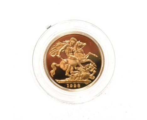 Elizabeth II, 1998 Proof Sovereign. Obv: Fourth portrait of Elizabeth II right, IRB below truncation for engraver Ian Rank-Br