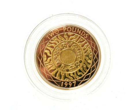 Elizabeth II, 1997 Gold Proof Two Pounds. Obv: Third portrait of Elizabeth II right, RDM on truncation for engraver Raphael M