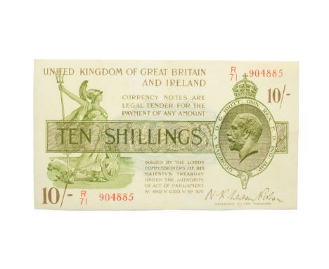 Great Britain, 1922 - 1923 Ten Shillings Treasury Note, N. K. Warren Fisher signature, serial number: R/71 904885. Green. Obv