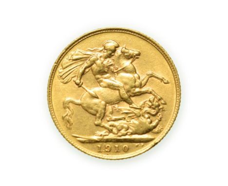 Edward VII, 1910 Sovereign. Obv: Bare headed portrait of Edward VII right, DES below truncation for engraver George William d