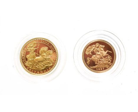 Elizabeth II, 1997 Gold Proof Two-Coin Set. Comprising a 1997, 'Britannia' proof £25 1/4 oz .999 gold). Obv: Third crowned po