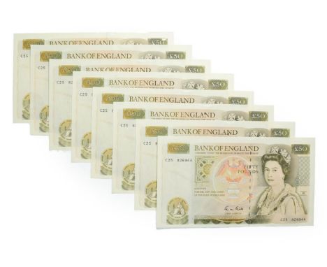Great Britain, 8 x 1988 - 1991 Fifty Pounds, G.M. Gill signature, ascending serial numbers: C25 826937 - C25 826944. Olive gr
