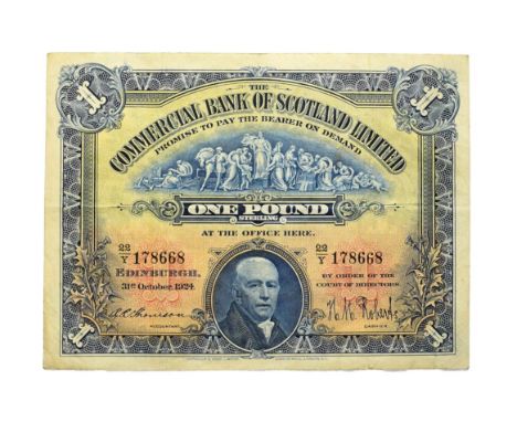 Scotland, Commercial Bank of Scotland 1924 One Pound. Serial number: 22/Y 178668, dated 31st October 1924. Blue on yellow and