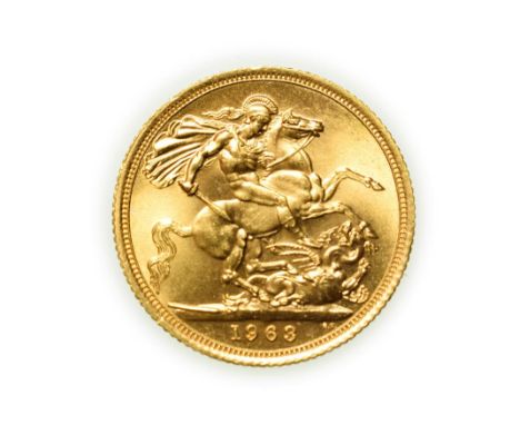 Elizabeth II, 1963 Sovereign. First portrait of Elizabeth II right, by engraver Mary Gillick. Rev: St. George and the dragon,