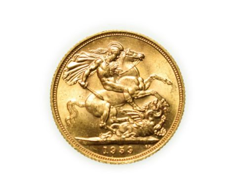 Elizabeth II, 1959 Sovereign. First portrait of Elizabeth II right, by engraver Mary Gillick. Rev: St. George and the dragon,