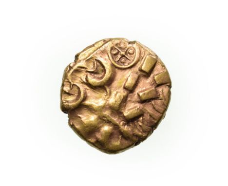 Celtic Britain, Corieltauvi Gold Stater. Gold, 5.46g, 19.9mm, 6h. Kite Type. Obv: Devolved laureate head of Apollo. Rev: Disj