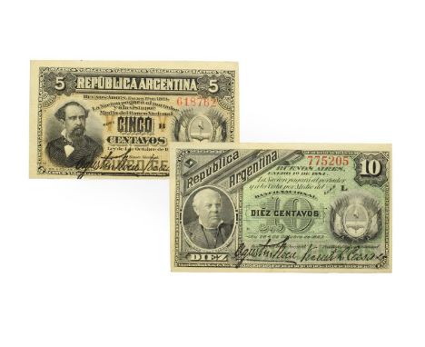 Argentina, 2 x Uncirculated 1884 Bank Notes consisting of: 1884 10 Centavos, Serial number: 775205. Black on green underprint