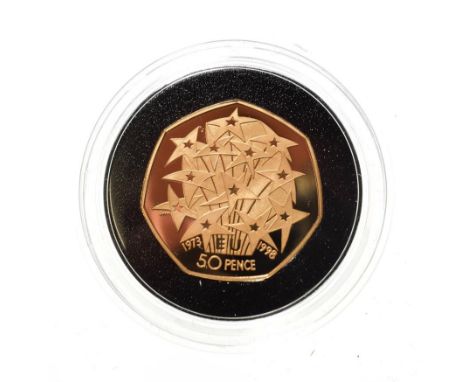 Elzabeth II, 1998 Gold Proof 50 Pence. Commemorating the 25th annivesary of the United Kingdom's membership of the European U