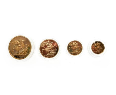 Elizabeth II, 1980 Gold Proof 4-Coin Set. Comprised of 2007 half-sovereign, sovereign, two pounds and five pounds, each has a