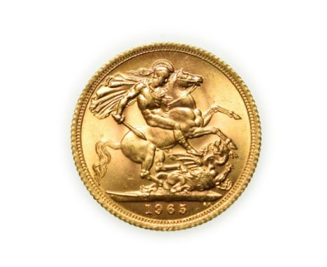 Elizabeth II, 1965 Sovereign. First portrait of Elizabeth II right, by engraver Mary Gillick. Rev: St. George and the dragon,