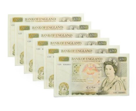 Great Britain, 6 x 1988 - 1991 Fifty Pounds, G.M. Gill signature, ascending serial numbers: C25 826945 - C25 826950. Olive gr