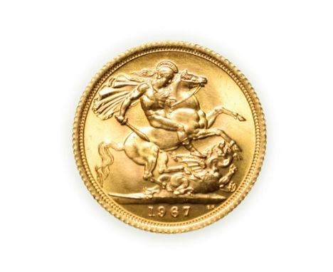 Elizabeth II, 1967 Sovereign. First portrait of Elizabeth II right, by engraver Mary Gillick. Rev: St. George and the dragon,