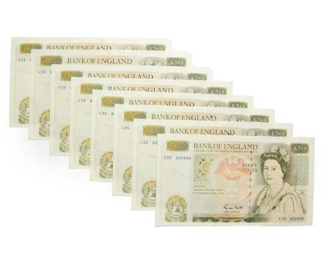 Great Britain, 8 x 1988 - 1991 Fifty Pounds, G.M. Gill signature, ascending serial numbers: C25 826929 - C25 826936. Olive gr