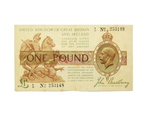 Great Britain, 1917 One Pound Treasury Note, J. Bradbury signature, serial number: Z/11 253148. Brown and Green. Obv: Portrai