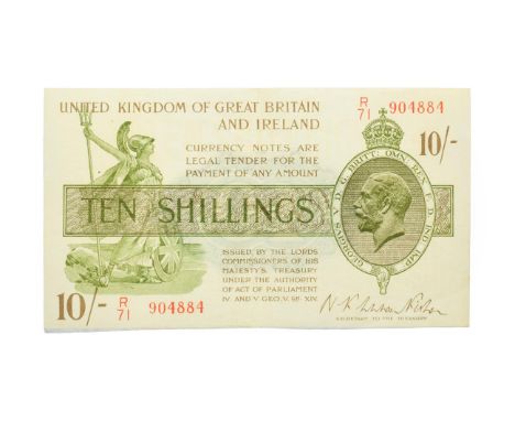 Great Britain, 1922 - 1923 10 Shillings Treasury Note, N. K. Warren Fisher signature, serial number: R/71 904884. Green. Obv: