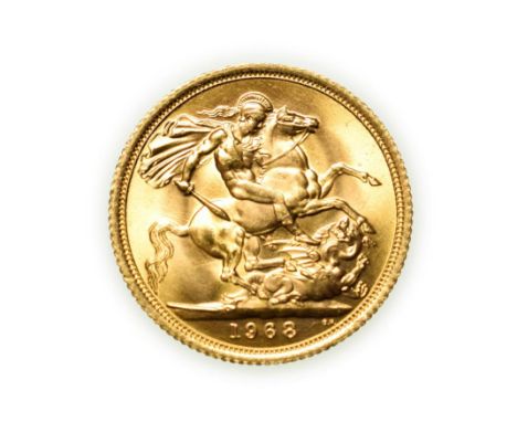 Elizabeth II, 1968 Sovereign. First portrait of Elizabeth II right, by engraver Mary Gillick. Rev: St. George and the dragon,