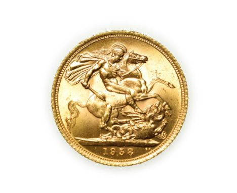 Elizabeth II, 1958 Sovereign. First portrait of Elizabeth II right, by engraver Mary Gillick. Rev: St. George and the dragon,