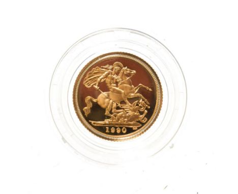 Elizabeth II, 1990 Proof Half-Sovereign. Obv: Third portrait of Elizabeth II right, RDM on truncation for engraver Raphael Ma