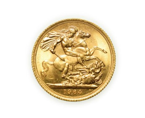 Elizabeth II, 1964 Sovereign. First portrait of Elizabeth II right, by engraver Mary Gillick. Rev: St. George and the dragon,
