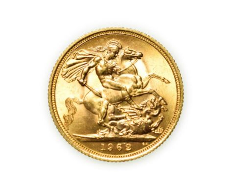 Elizabeth II, 1962 Sovereign. First portrait of Elizabeth II right, by engraver Mary Gillick. Rev: St. George and the dragon,