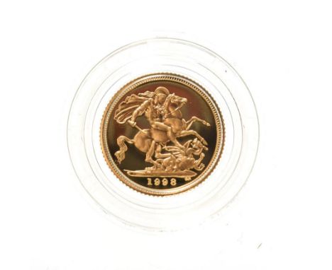 Elizabeth II, 1998 Proof Half-Sovereign. Obv: Fourth portrait of Elizabeth II right, IRB below truncation for engraver Ian Ra