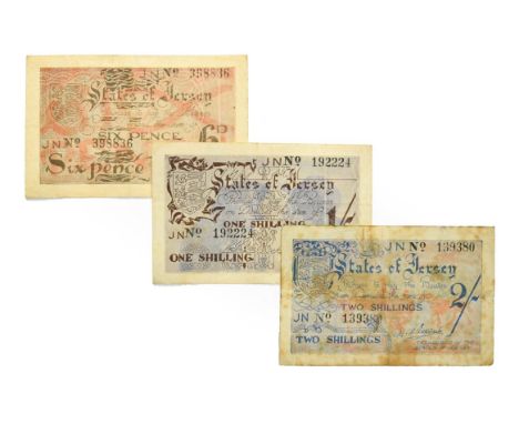 Jersey, 3 x German Occupation of Jersey, 1941 - 1942 Bank Notes consisting of:  2 shillings. H. F. Ereaut signature, serial n