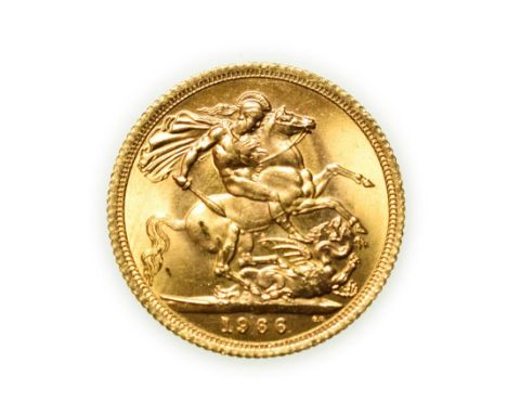 Elizabeth II, 1966 Sovereign. First portrait of Elizabeth II right, by engraver Mary Gillick. Rev: St. George and the dragon,