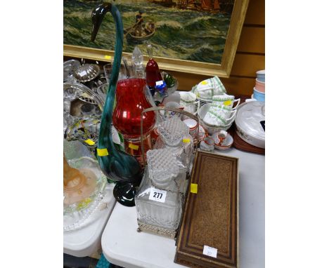 A parcel of art glass, a two-bottle decanter caddy & a carved box etc