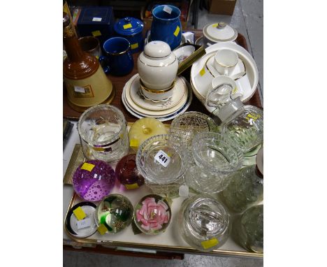 Parcel of mixed glassware including glass paperweights & a quantity of mixed pottery including Wade whiskey decanter