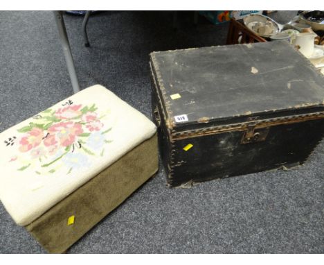 A studded vintage box & a box tapestry top stool