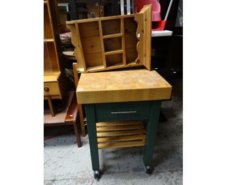 A modern pine topped butcher's block together with a small pine hanging shelf