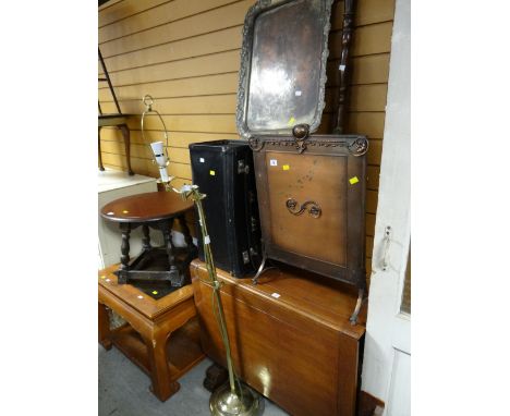 A parcel of items to include a copper fire screen, brass chestnut warmer, brass floor-standing lamp, document case E/T