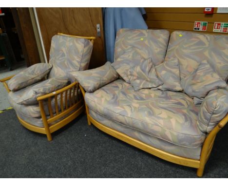 A two-seater light wood Ercol settee & matching armchair