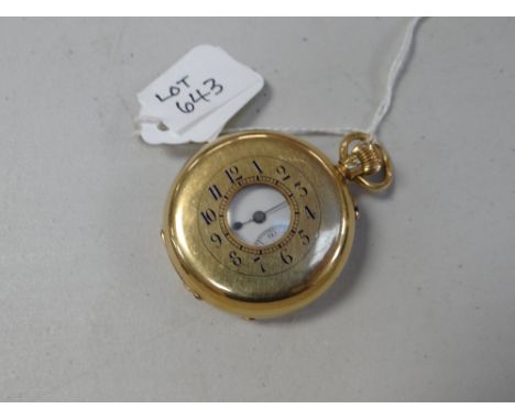 An 18k yellow gold half-hunter pocket watch having a white enamel dial with Arabic numerals & inner second dial, back plate i