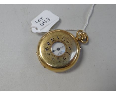 An 18k yellow gold half-hunter pocket watch having a white enamel dial with Arabic numerals & inner second dial, back plate i