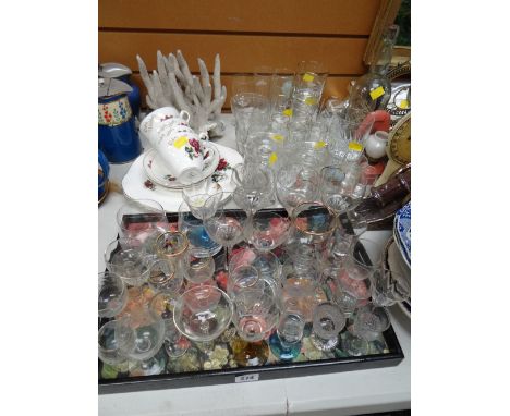 A quantity of mixed drinking glasses, a ruby wedding tea service & a coral specimen