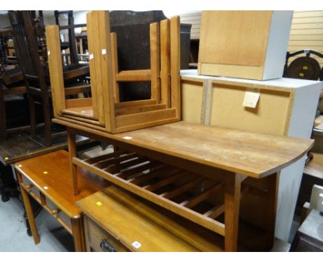 A vintage long-John coffee table with lower shelf, a D-Scan nest of three tables together with a lightwood two-drawer hall ta