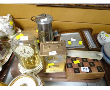A vintage barometer, a reproduction standard lamp, two reproduction clocks etc